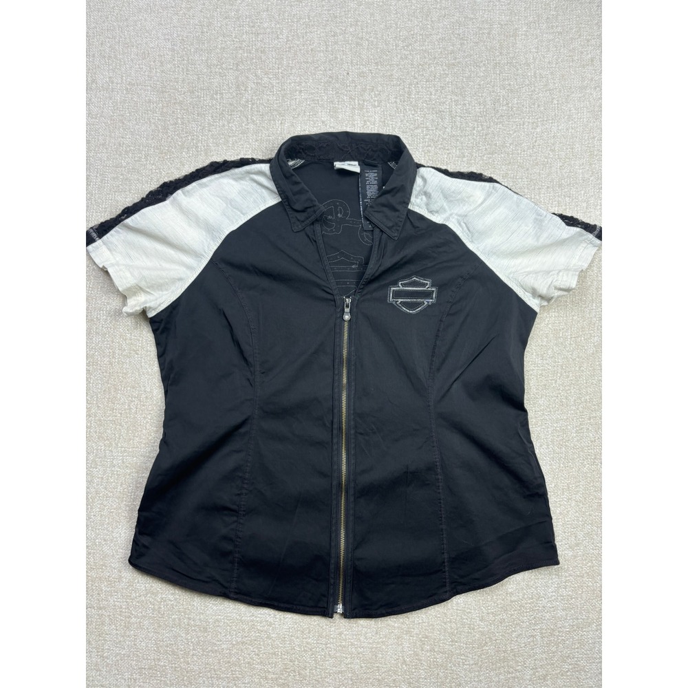 Harley-Davidson Womens 2XL Black White Lace Trim Zip Front Wing Graphic Shirt